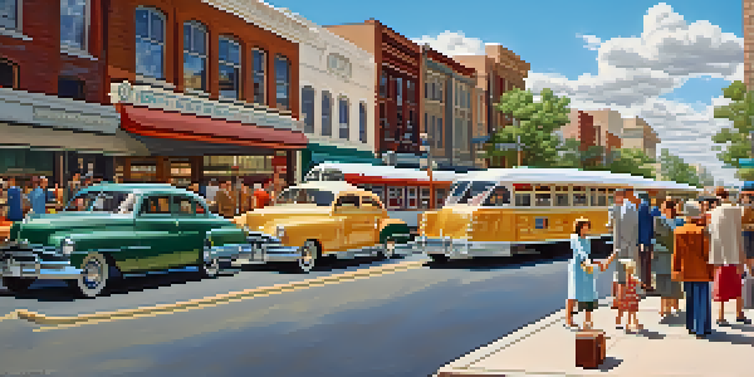 A vibrant street scene in Phoenix during the 1950s, with families and veterans, vintage streetcars, and mid-century modern buildings under a clear sky.