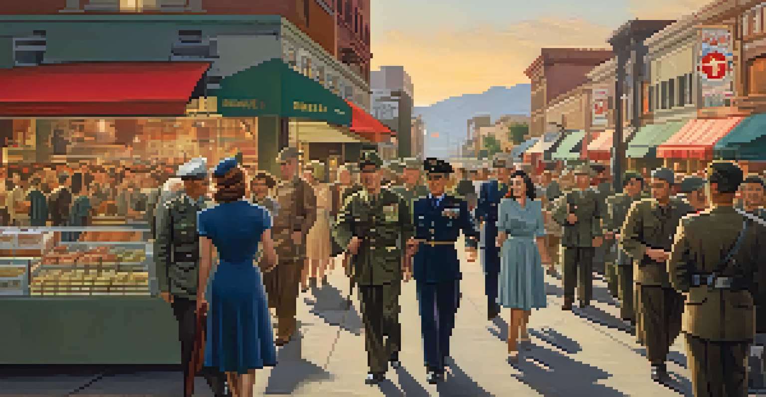 A lively street in 1940s Phoenix with military personnel and locals interacting, surrounded by small businesses and wartime posters.