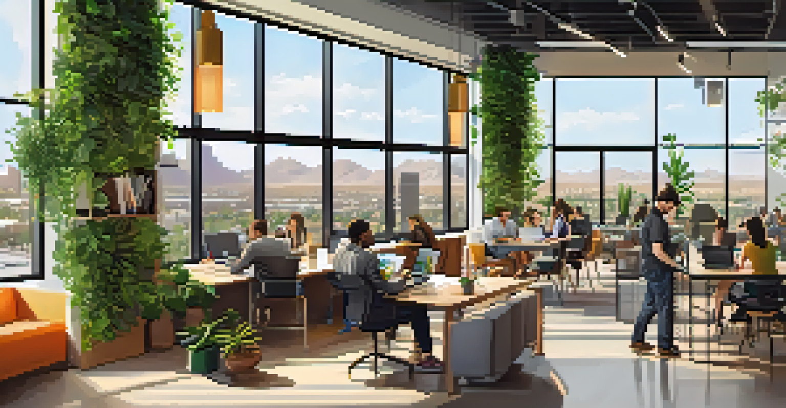 A bright and modern co-working space in Phoenix with diverse entrepreneurs working together, featuring large windows and greenery.