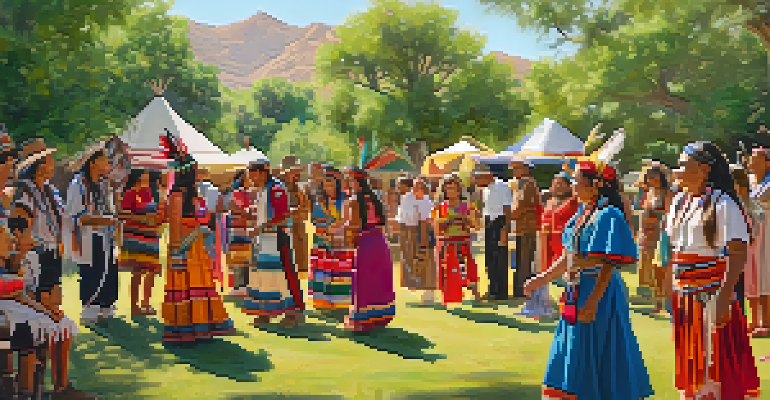 An Apache community gathering in a park, showcasing traditional dances and colorful clothing.