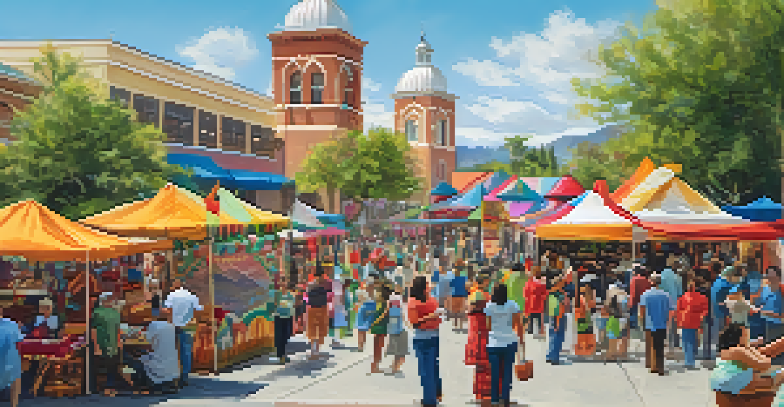 A lively cultural festival at Heritage Square with colorful stalls, families enjoying food, and festive decorations.