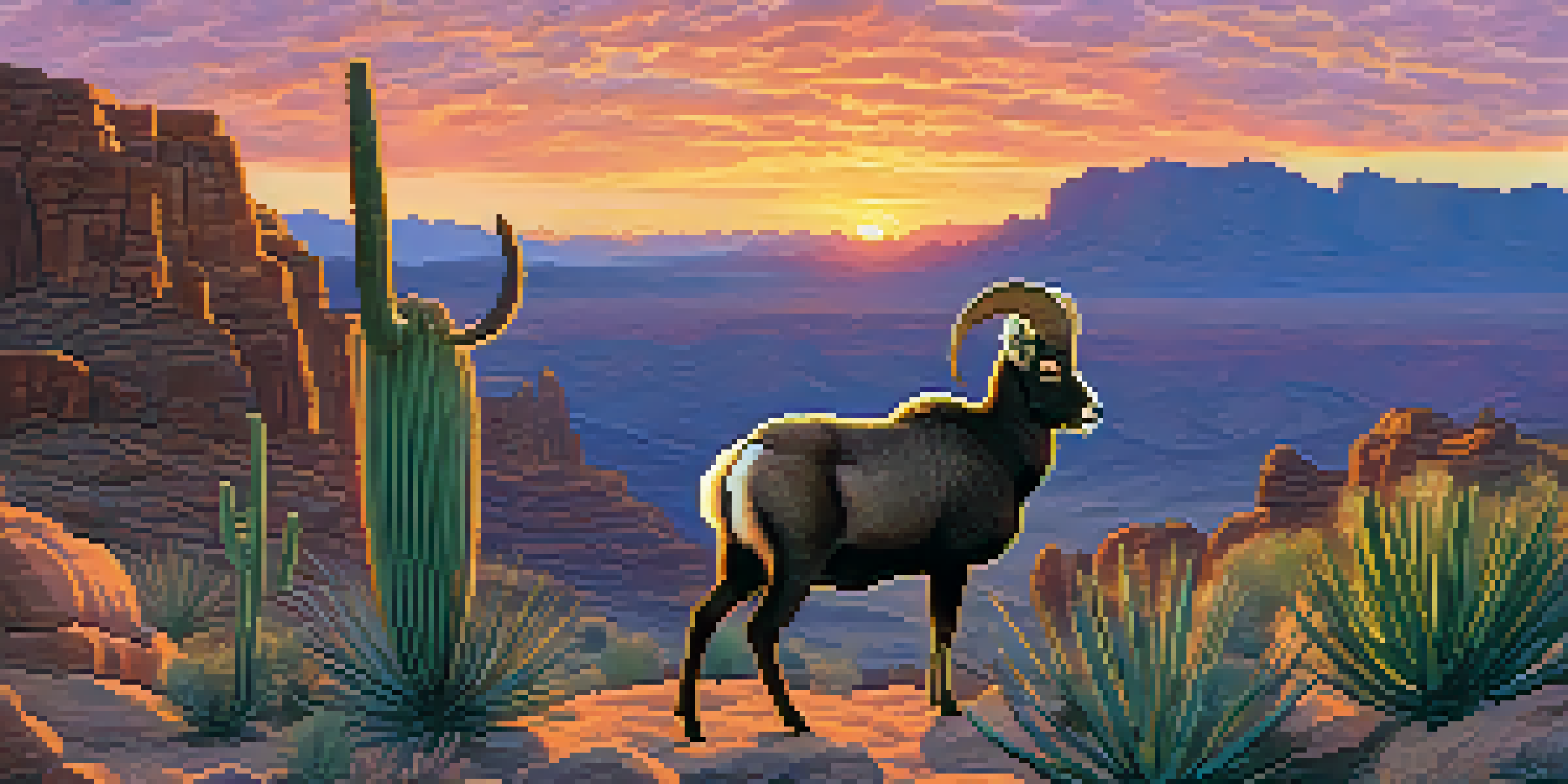 A desert landscape at sunrise featuring a desert bighorn sheep on a rocky outcrop, with colorful skies and illuminated cacti.