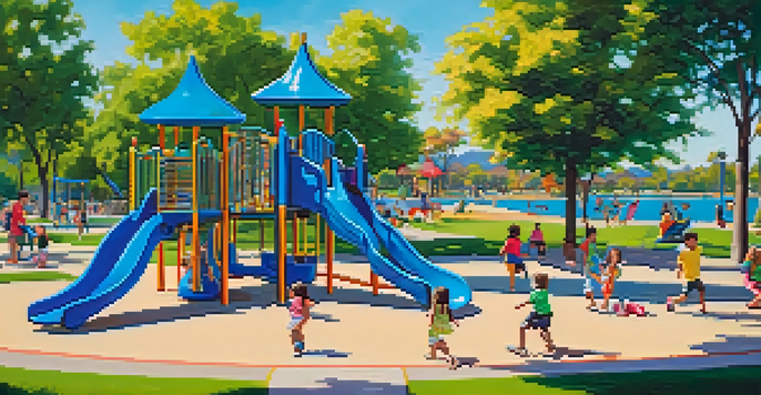 Children playing on a colorful playground in Encanto Park, with a lake and families having picnics nearby.