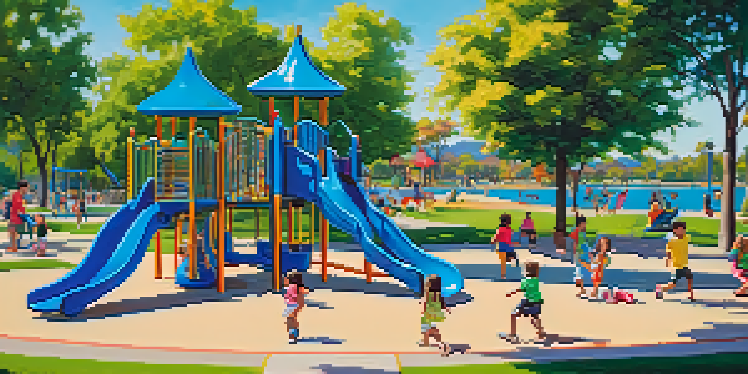 Children playing on a colorful playground in Encanto Park, with a lake and families having picnics nearby.
