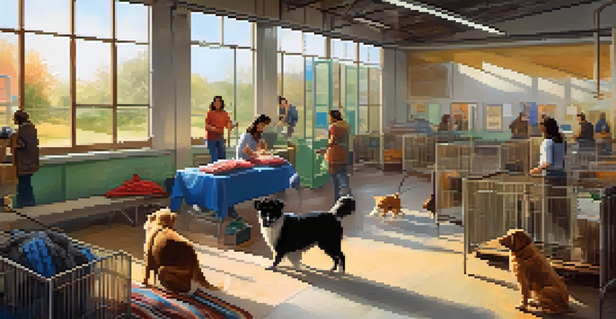 A lively animal shelter with volunteers walking dogs and cleaning crates, surrounded by cats on colorful blankets.