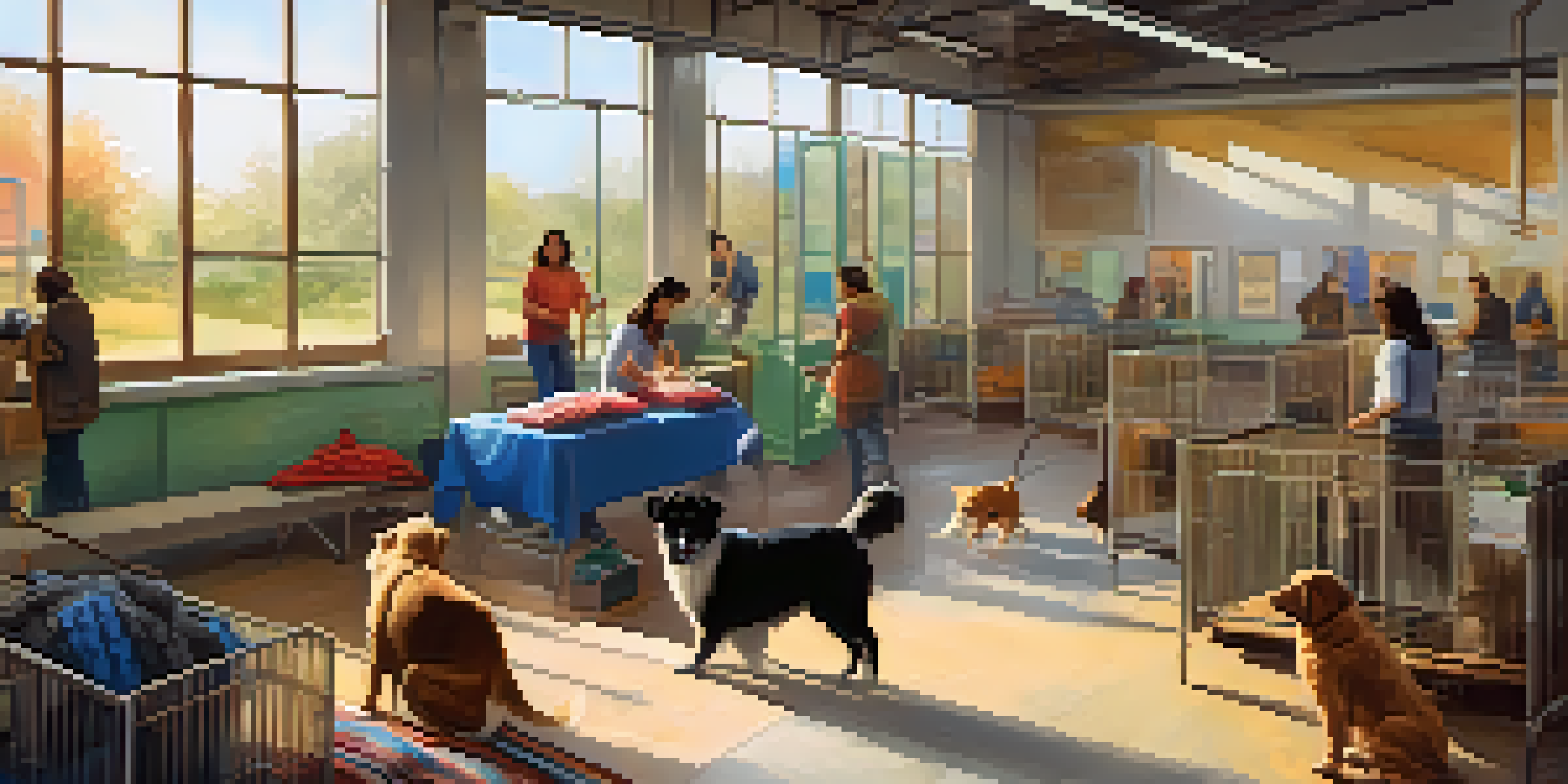 A lively animal shelter with volunteers walking dogs and cleaning crates, surrounded by cats on colorful blankets.