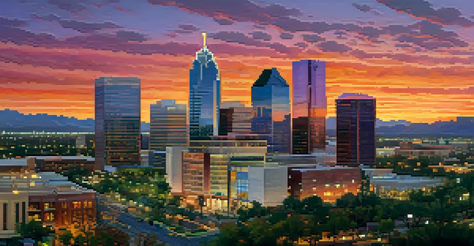 Phoenix skyline at sunset with modern skyscrapers and a vibrant sky.