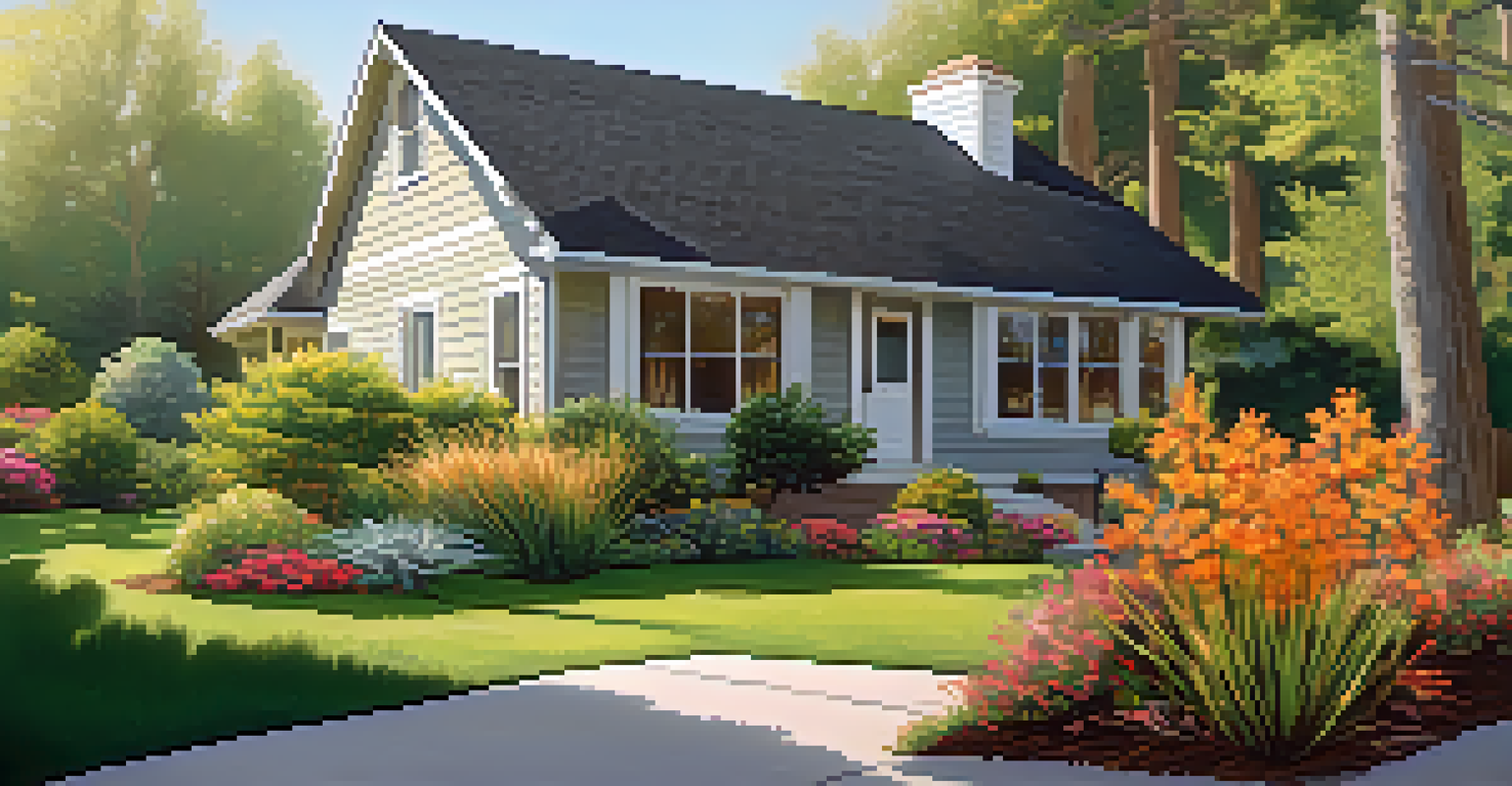 A well-maintained defensible space around a home, featuring fire-resistant plants and trimmed shrubs under bright sunlight.