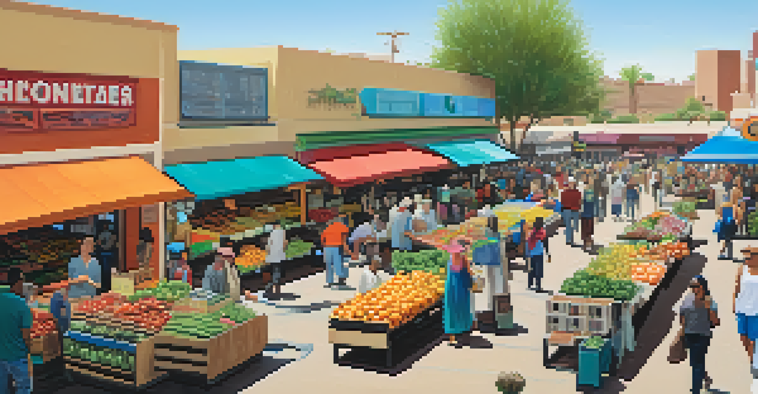 A vibrant local market in Phoenix with diverse people shopping and nearby public transit options.