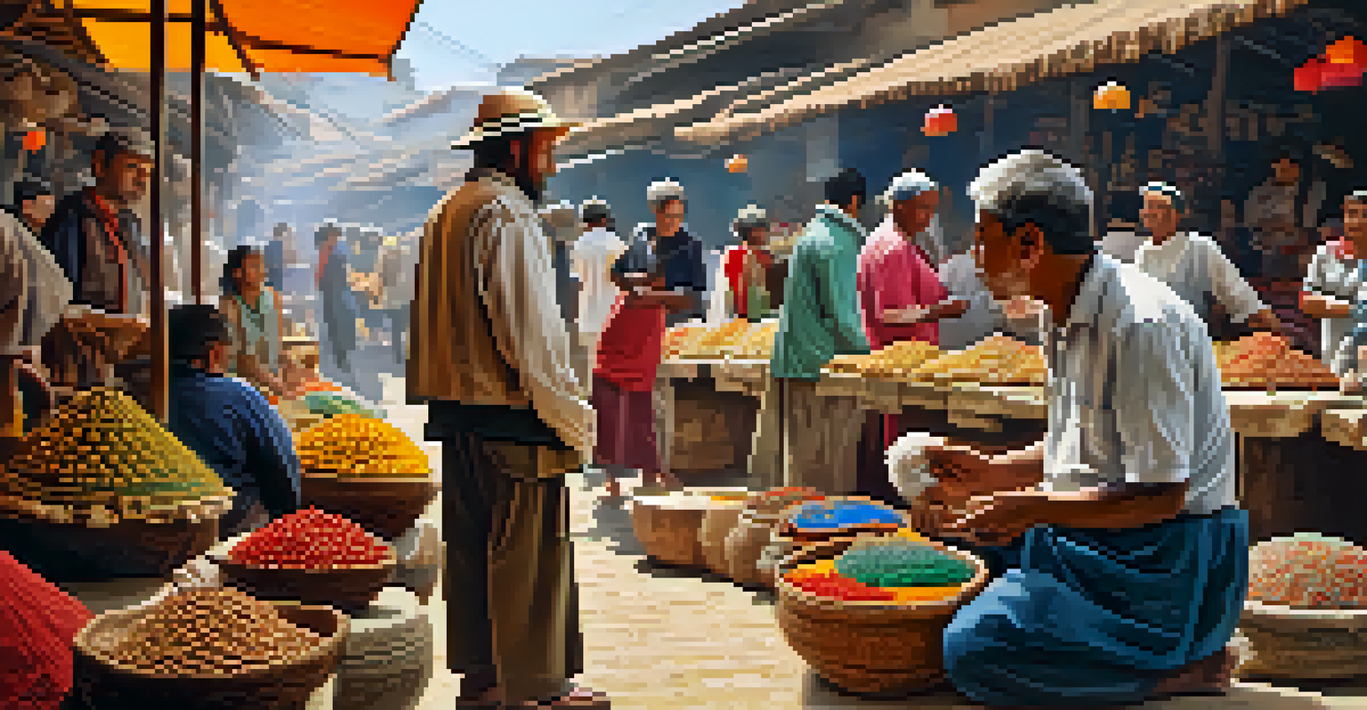 A volunteer learning from a local artisan in a vibrant market filled with handmade goods.