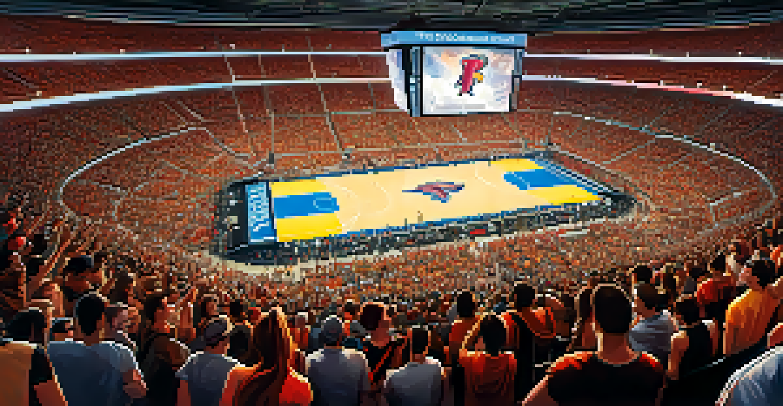 An overhead view of a crowded basketball stadium with enthusiastic fans waving banners and bright lights shining on the court.