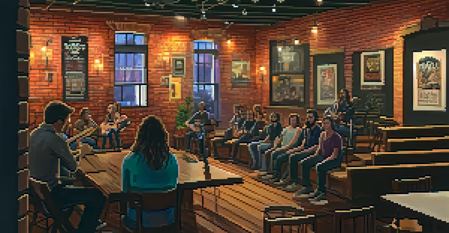 A cozy local music venue in Phoenix with an artist performing on stage, surrounded by an engaged audience in a warm-lit setting.