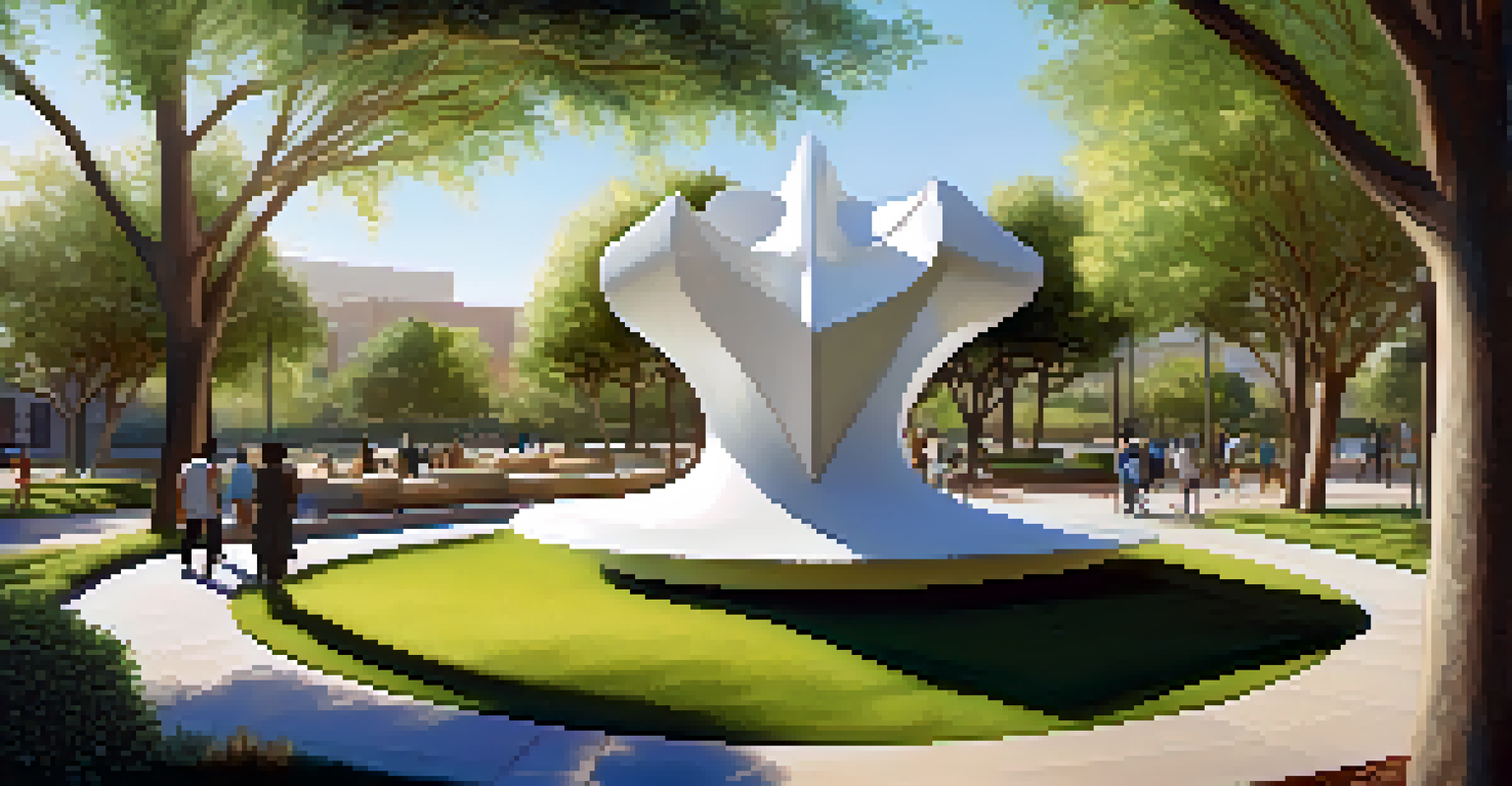 A sculpture symbolizing unity and resilience in a park, surrounded by greenery and dappled sunlight.
