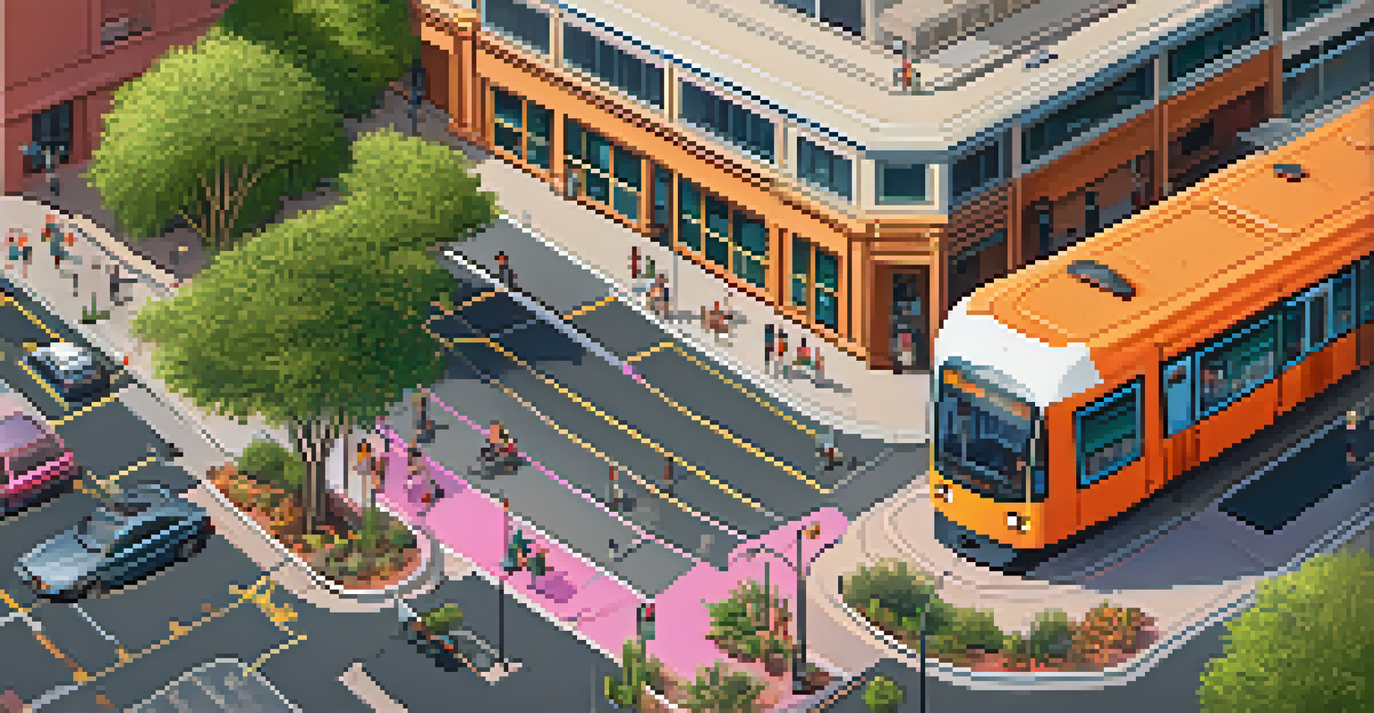 Aerial view of a busy intersection in Phoenix with a light rail train, cars, bicycles, and pedestrians.