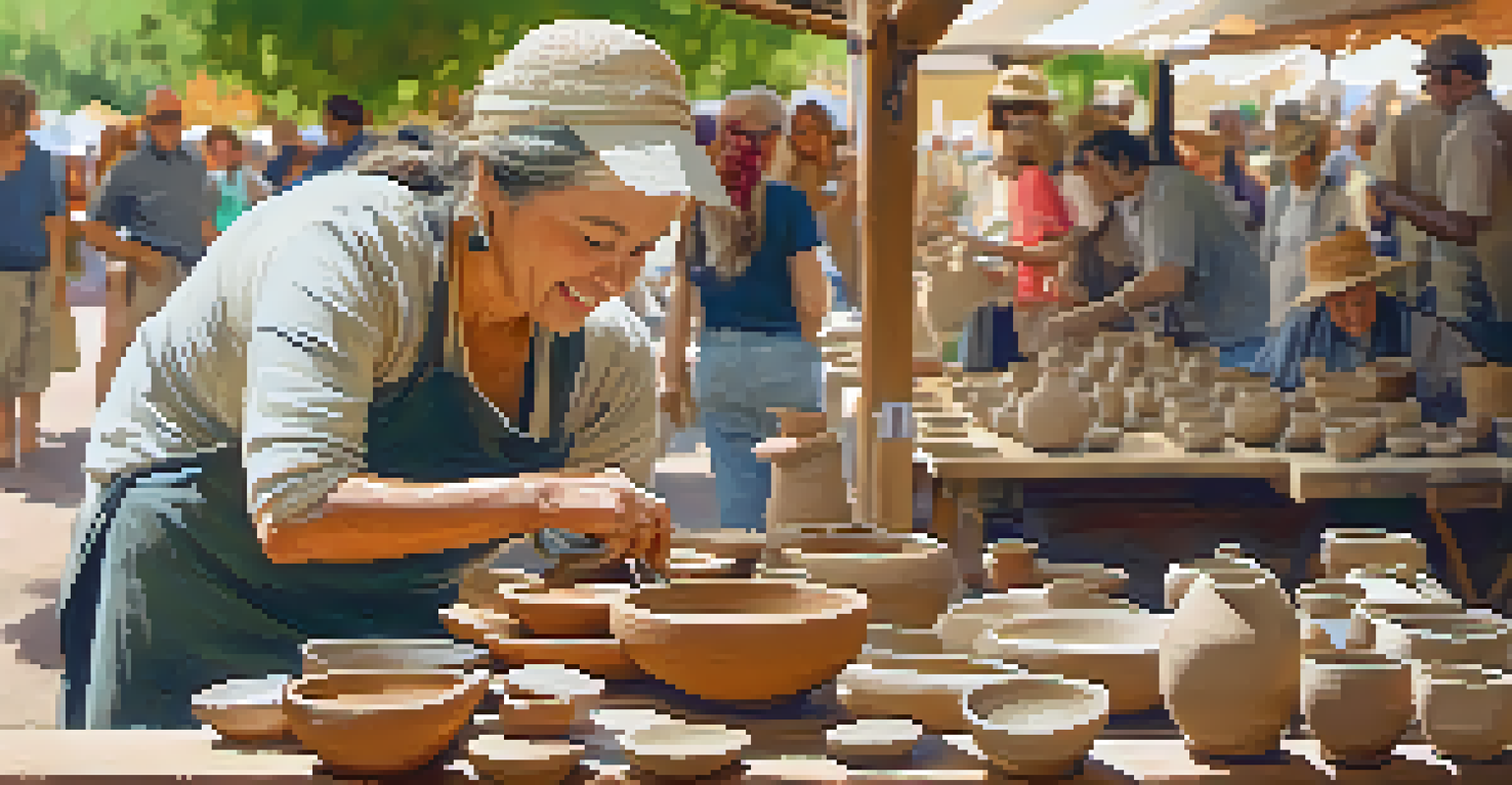 An artisan demonstrating pottery making at a farmers' market, with handmade pottery displayed and customers watching in a warm atmosphere.