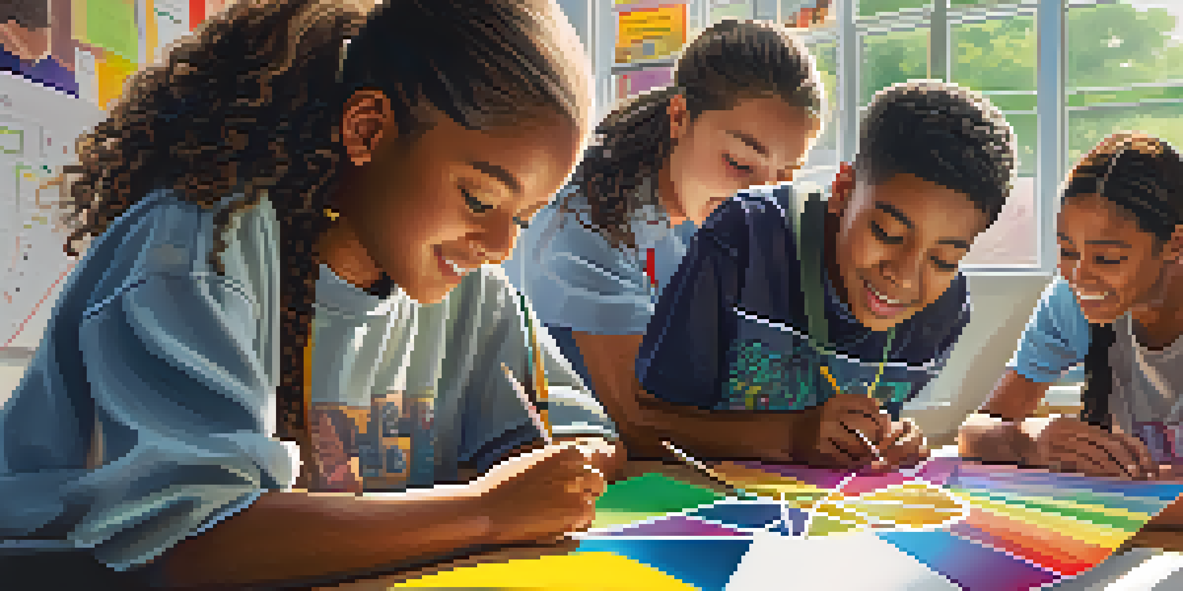 A diverse group of students working together on a project in a bright classroom filled with educational materials.