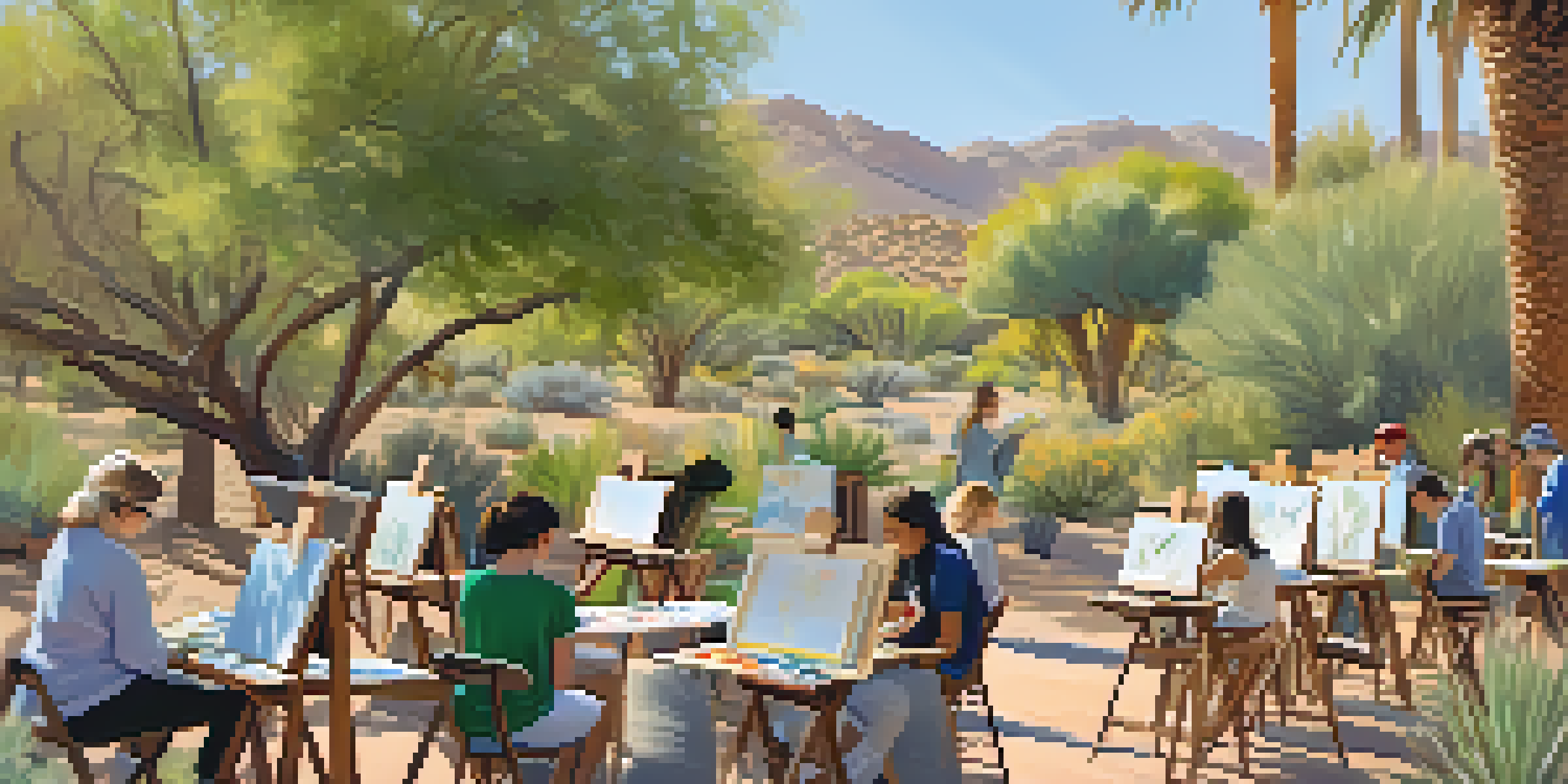 Students of different skill levels engaged in a painting class in a desert botanical garden, with easels and colorful artworks surrounded by greenery and sunlight.