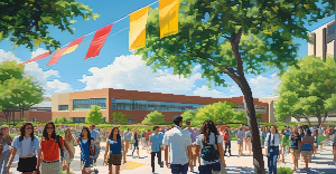 A vibrant university campus in Phoenix filled with students walking and interacting, surrounded by greenery and bright blue sky.