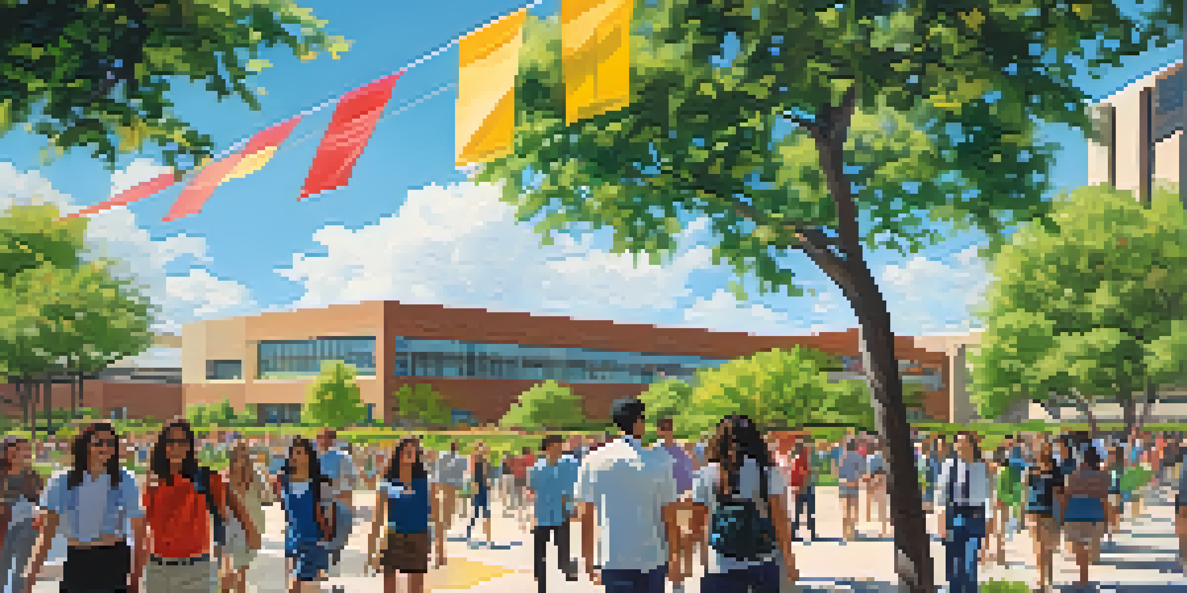 A vibrant university campus in Phoenix filled with students walking and interacting, surrounded by greenery and bright blue sky.