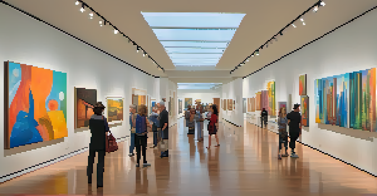A busy art museum interior with visitors exploring various contemporary and classic artworks, illuminated by natural light.