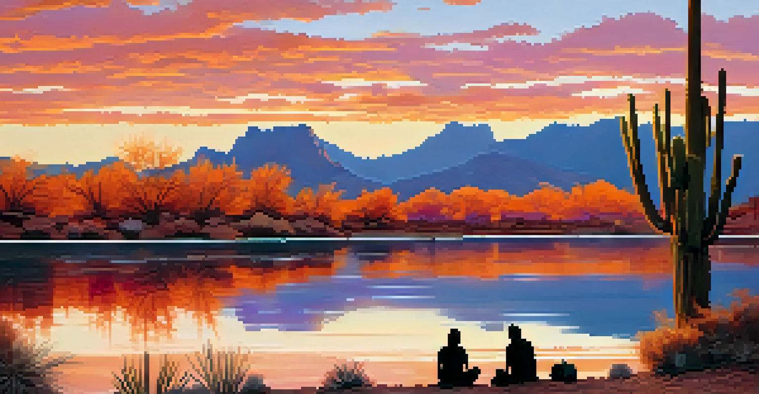 A beautiful sunset over Saguaro Lake with colorful reflections and silhouettes of cacti, featuring people enjoying a picnic.