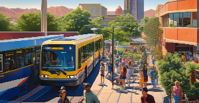 A busy light rail station in Phoenix with electric buses and diverse commuters, surrounded by greenery and public art.