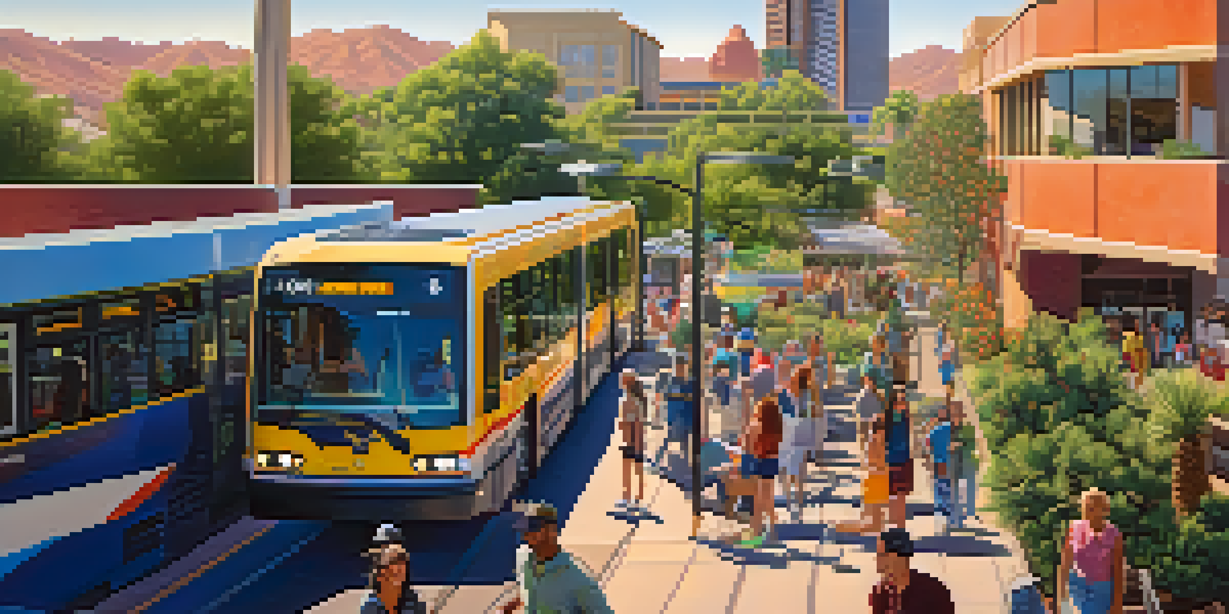 A busy light rail station in Phoenix with electric buses and diverse commuters, surrounded by greenery and public art.