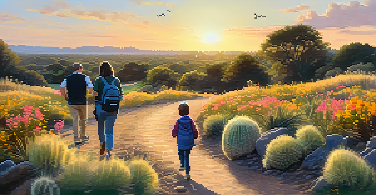Families hiking together in a beautiful park, surrounded by wildflowers and cacti during sunset.