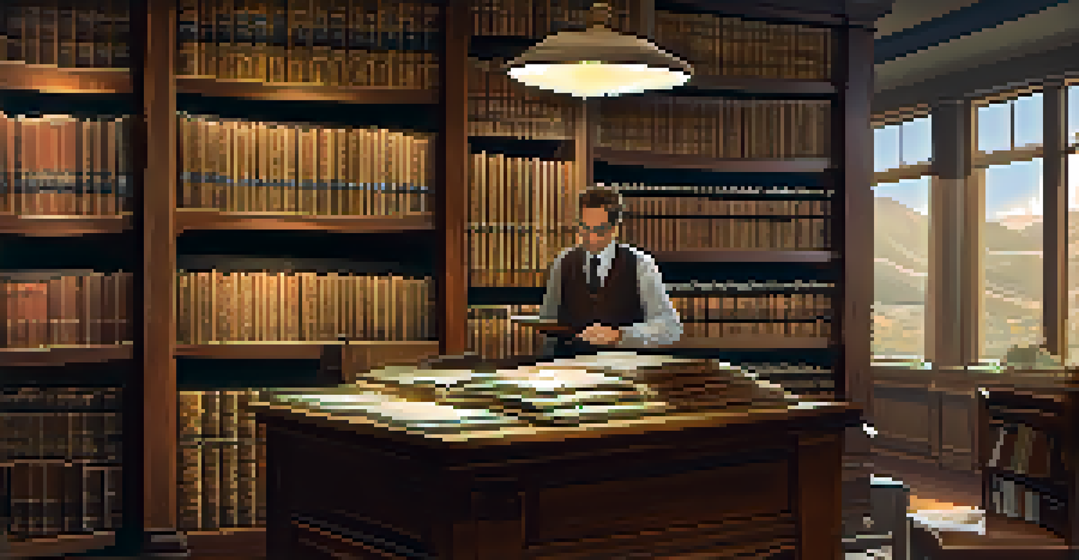 The interior of the Phoenix Historical Society archives, showcasing shelves of historical artifacts and a researcher examining a document under warm lighting.