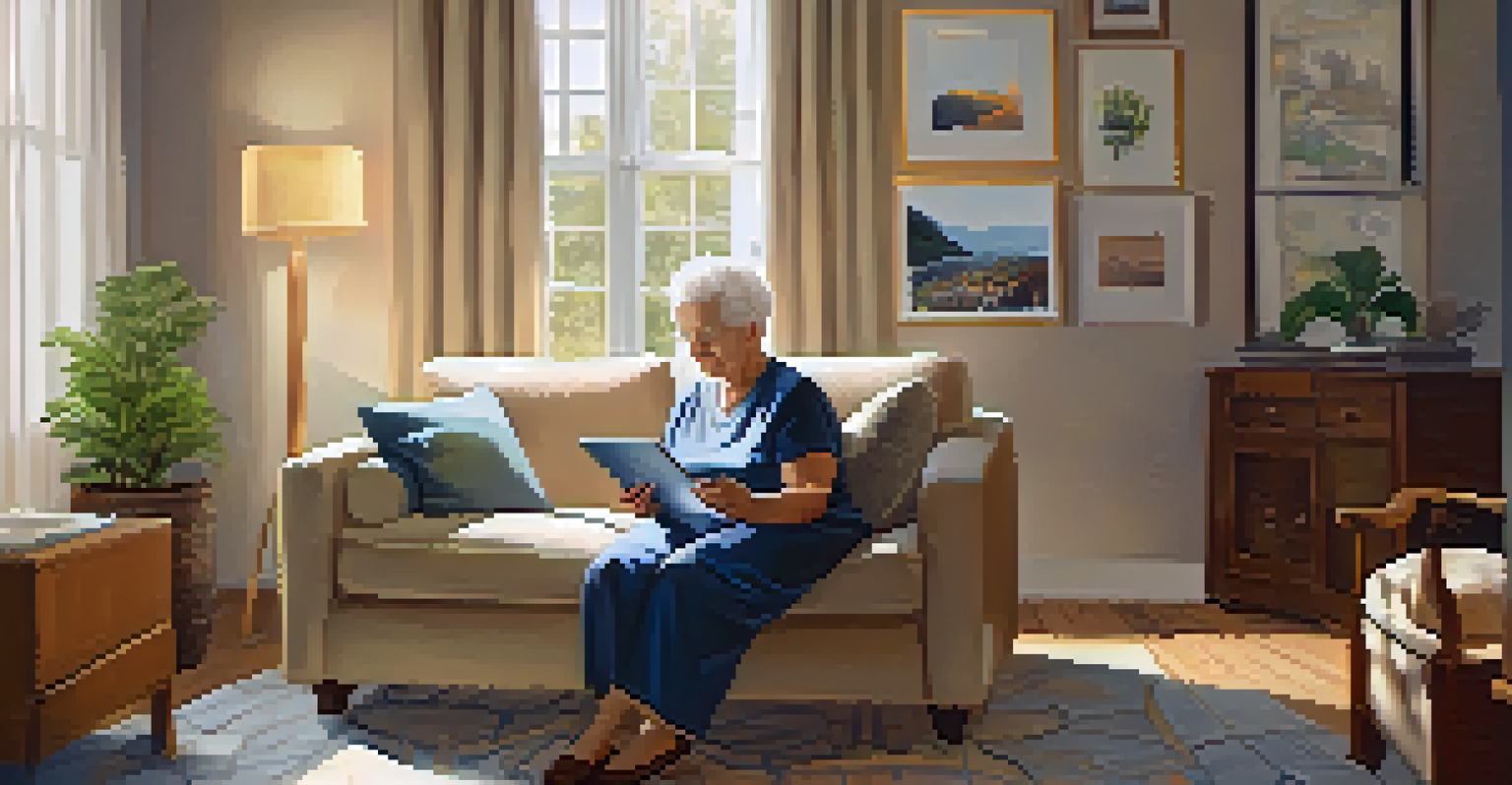 An older person using a tablet for telehealth in a bright living room filled with family photos.