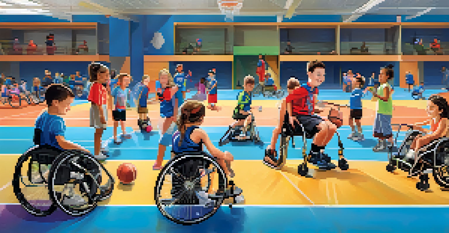 Children of different abilities participating in an adaptive sports activity, smiling and enjoying the game at a sports facility.
