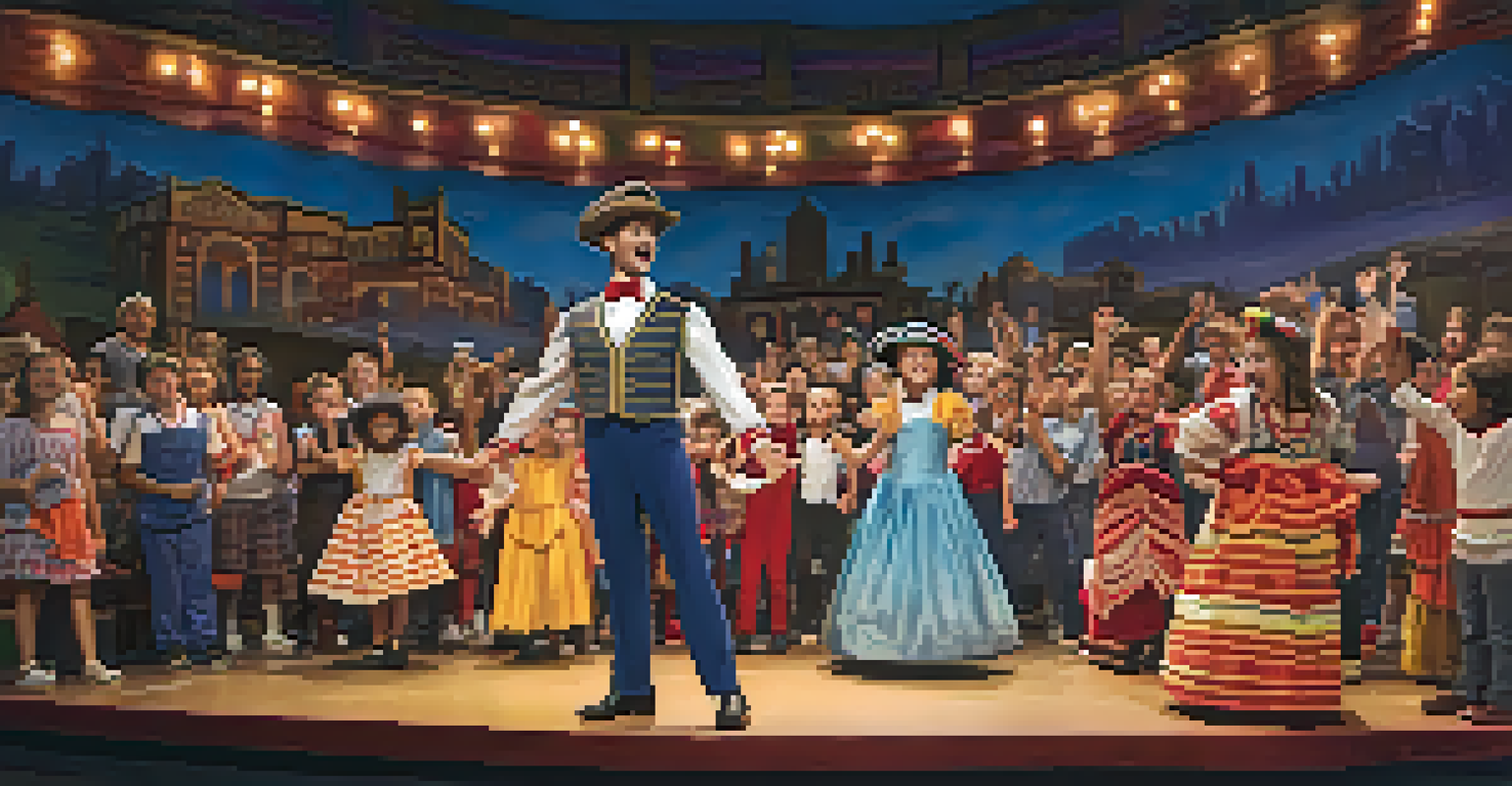 A lively audience enjoying a youth theater production, with young actors performing on a brightly lit stage in colorful costumes.