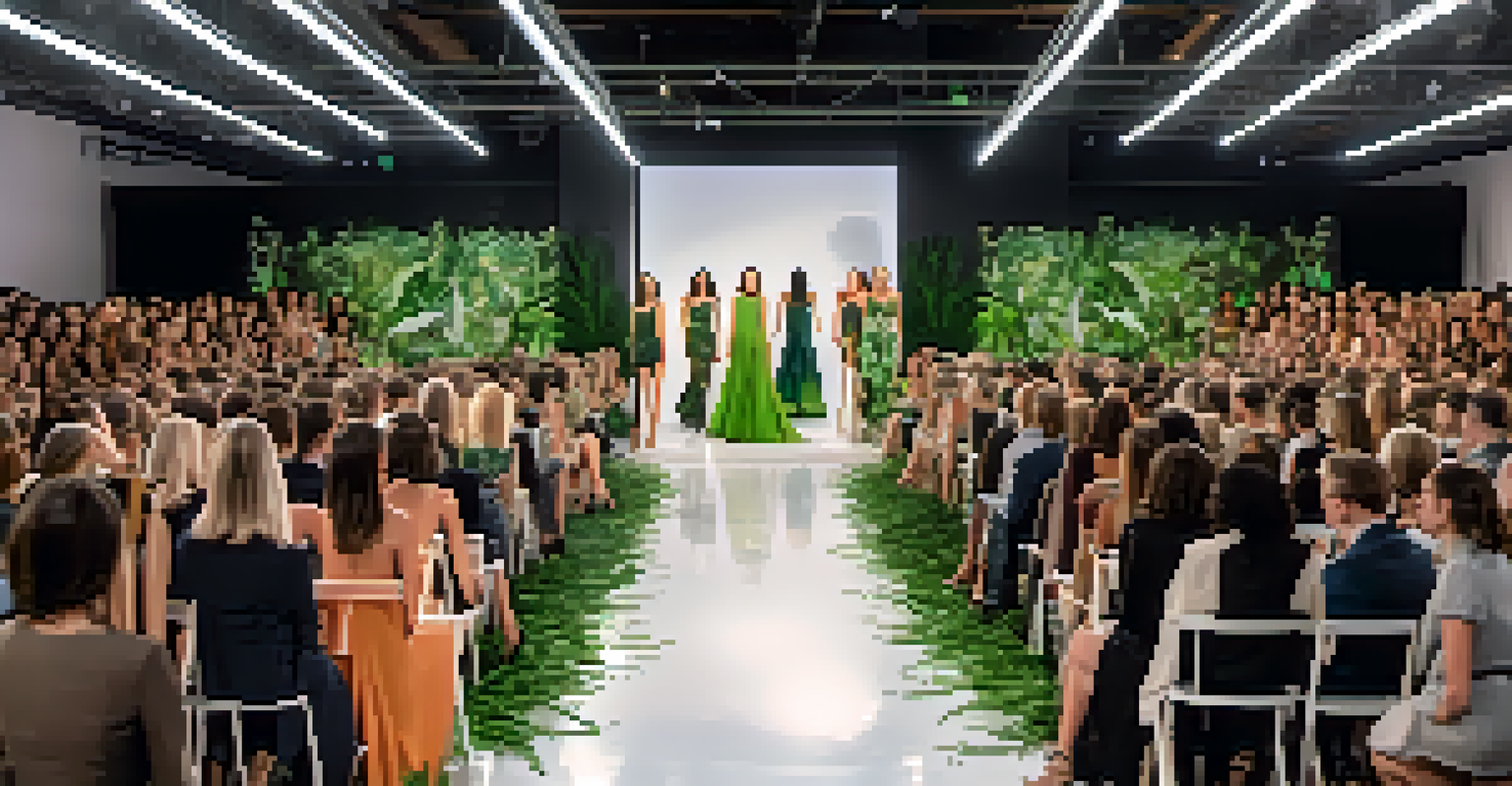A fashion show featuring models in sustainable outfits walking down a runway decorated with plants, with an engaged audience.