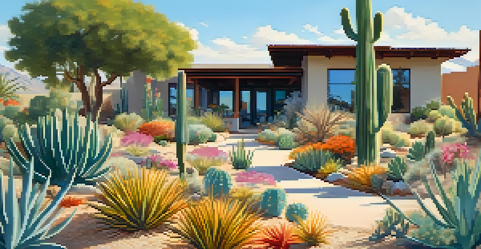 A bright Phoenix landscape with colorful drought-resistant plants, sandy soil, and a modern eco-friendly home in the background.