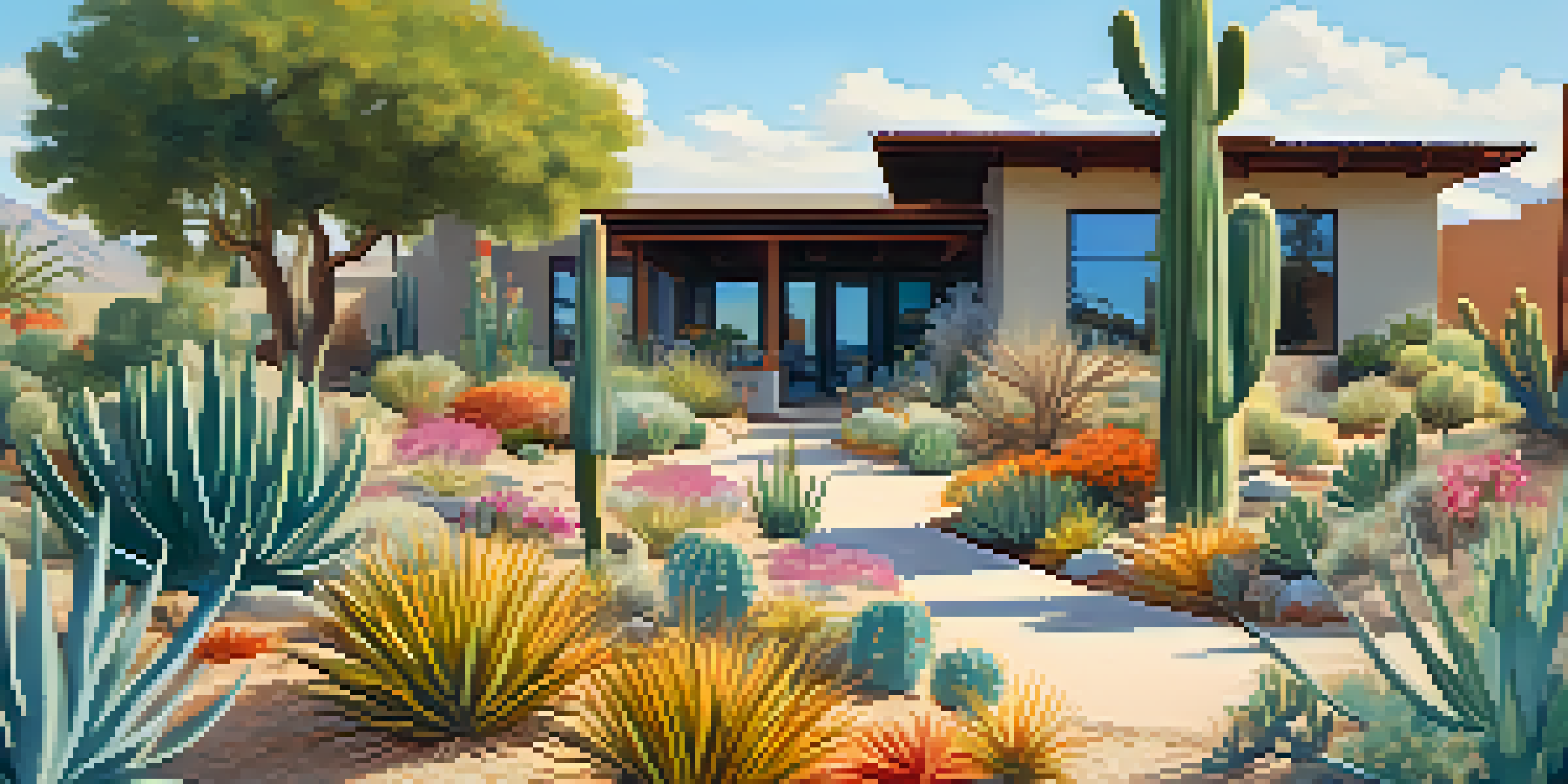 A bright Phoenix landscape with colorful drought-resistant plants, sandy soil, and a modern eco-friendly home in the background.