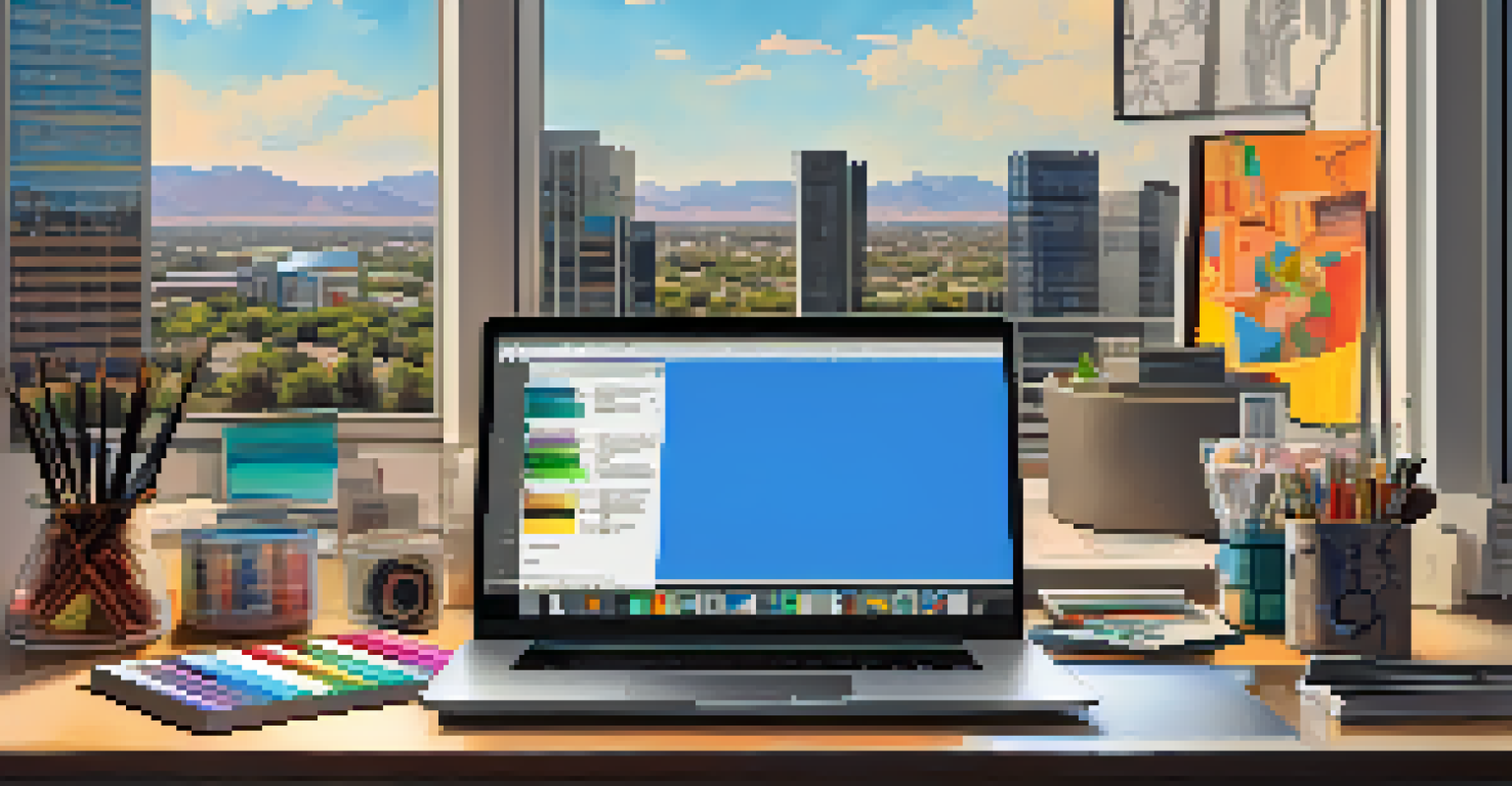 A designer's workspace with colorful art supplies and a laptop showing graphic design work, overlooking the Phoenix skyline.