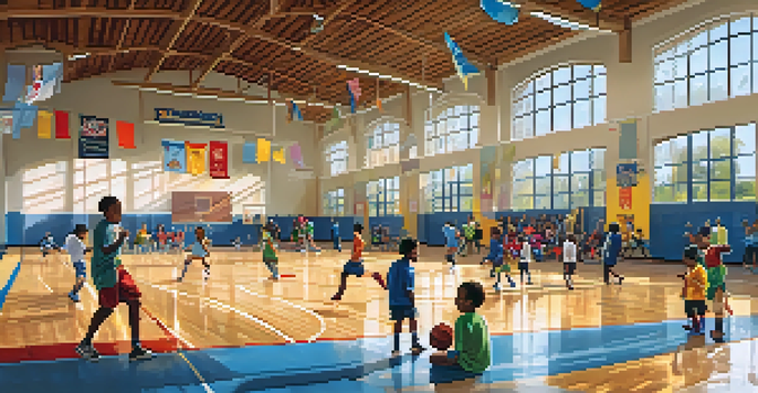 Families and children engaging in sports activities at Maryvale Community Center, with a bright and lively atmosphere.