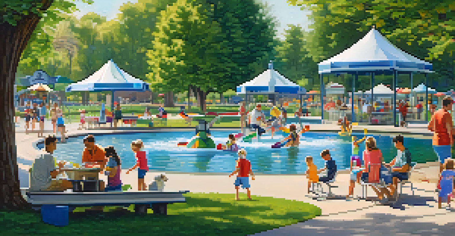 Families enjoying a day at Kiwanis Park, with children playing in the splash pad and paddle boating on the lake.