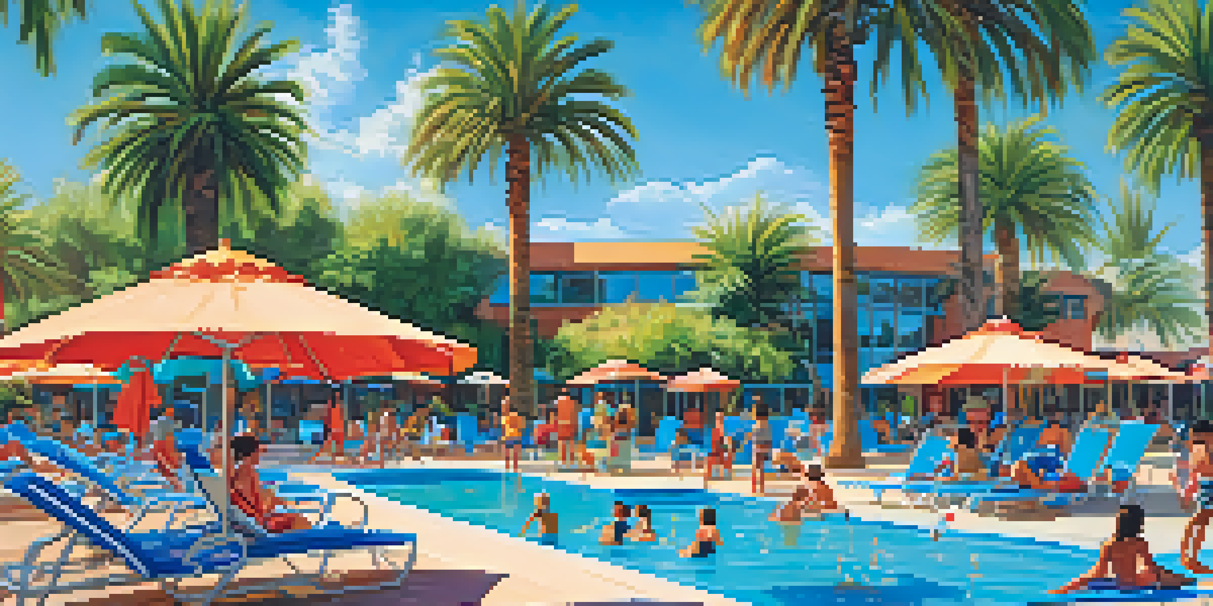 Families enjoying a sunny day at an outdoor pool with children splashing and adults relaxing under beach umbrellas.