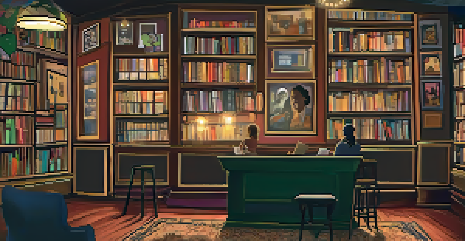 A cozy open mic night at The Poetry Lounge, with poets performing in a warm, inviting setting.