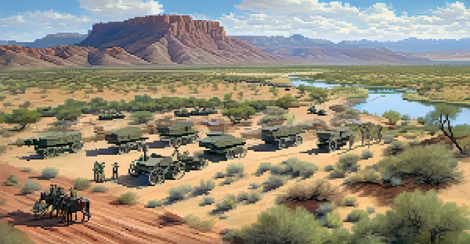 Aerial view of Fort McDowell near the Verde River, showcasing its layout and surrounding arid landscape.