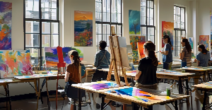 A colorful art classroom with diverse students painting on easels and various artworks displayed on the walls.