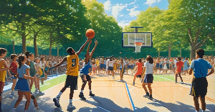 A diverse group of students playing basketball outdoors, surrounded by trees and spectators, showcasing teamwork and energy.