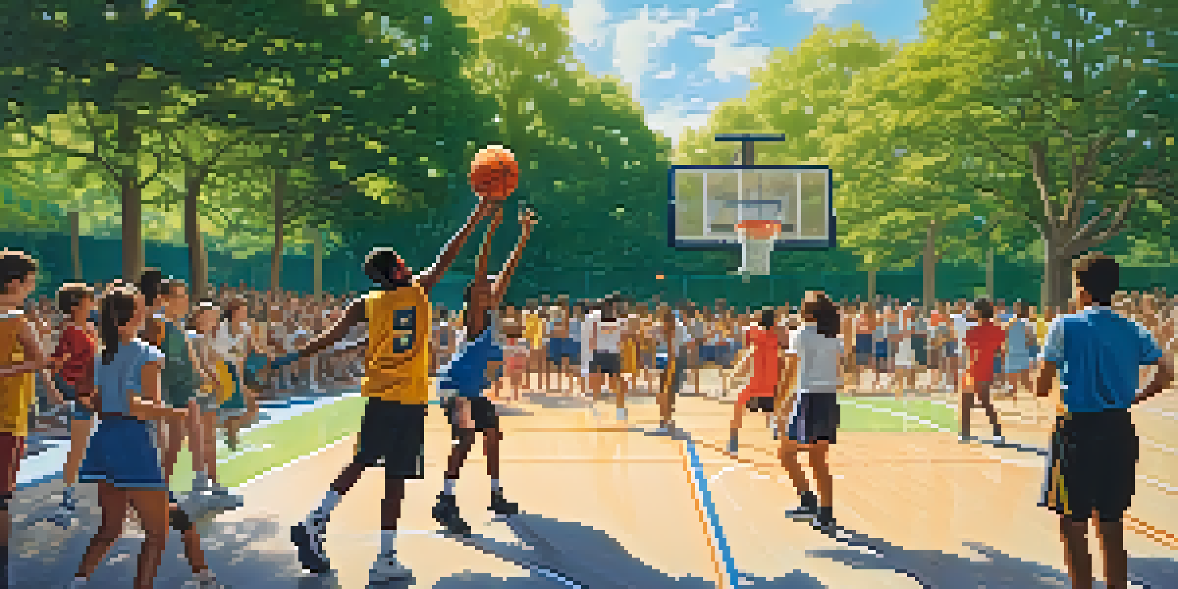 A diverse group of students playing basketball outdoors, surrounded by trees and spectators, showcasing teamwork and energy.