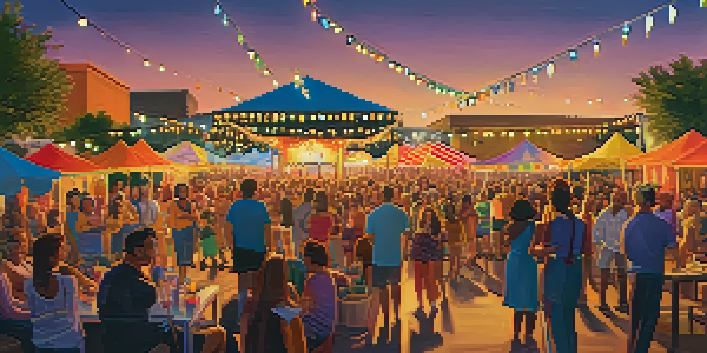 A lively outdoor festival scene with attendees enjoying performances, colorful decorations, and a warm sunset glow.
