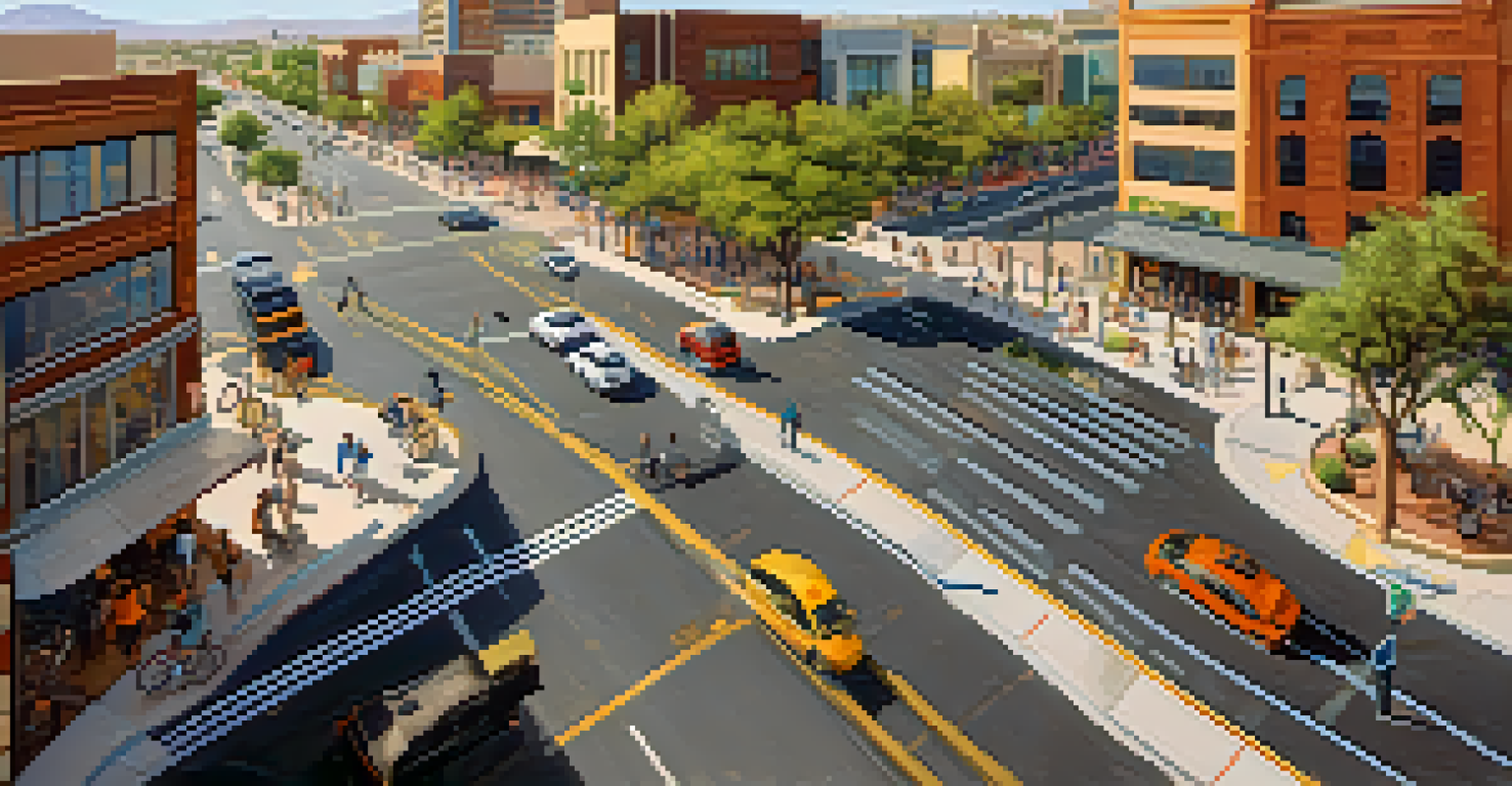 An aerial view of a busy intersection in Phoenix with cyclists, cars, and pedestrians, demonstrating sustainable urban planning.