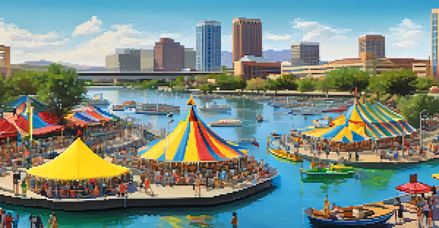 A vibrant festival scene at Tempe Town Lake with families enjoying art, food, and live music.