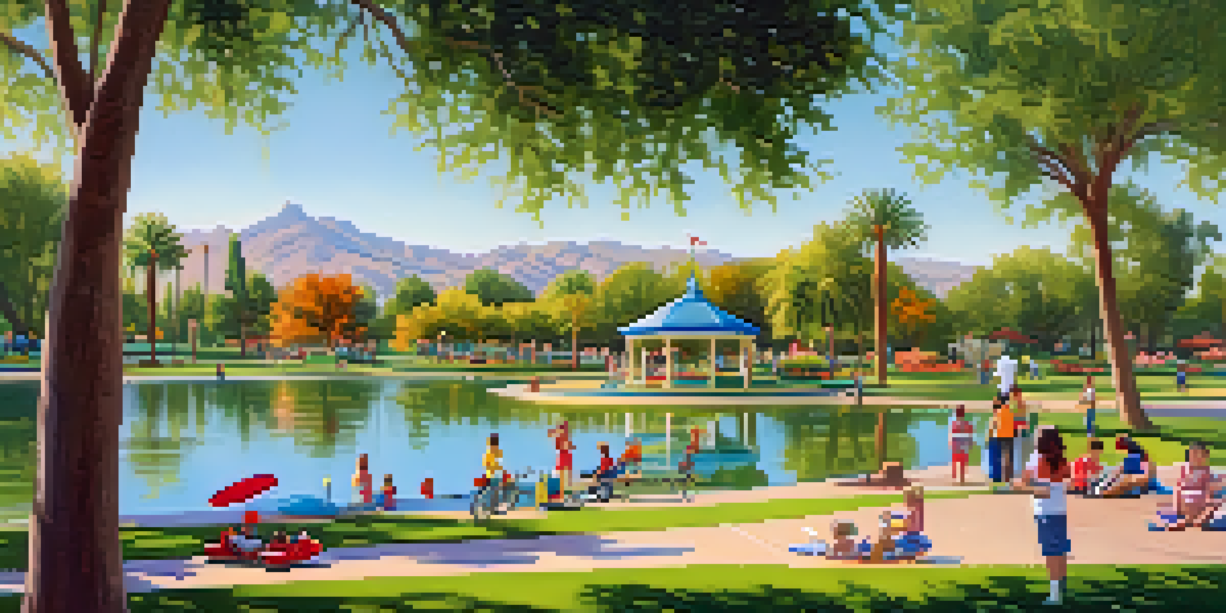 A peaceful park scene with families enjoying a sunny day at Encanto Park, featuring green lawns, a lake, and colorful playgrounds.