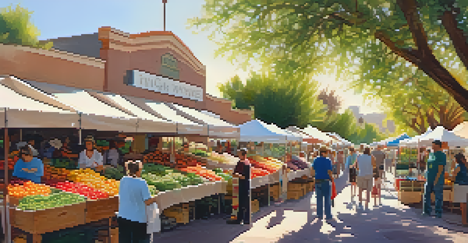 A bustling farmers market in Phoenix with colorful stalls of fresh produce and families shopping together under dappled sunlight.