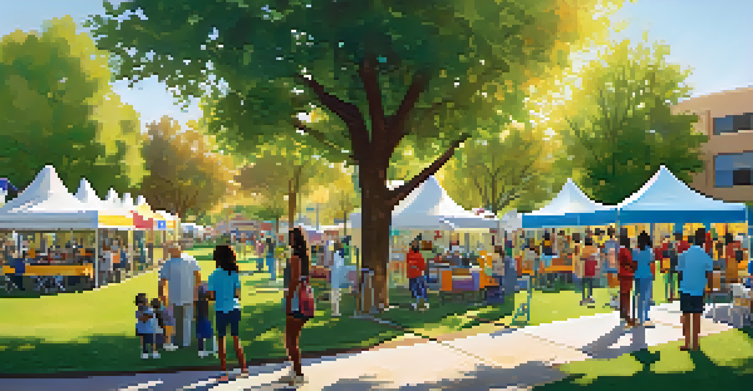 A vibrant community health resource fair in a Phoenix park with booths and families engaging in health activities.